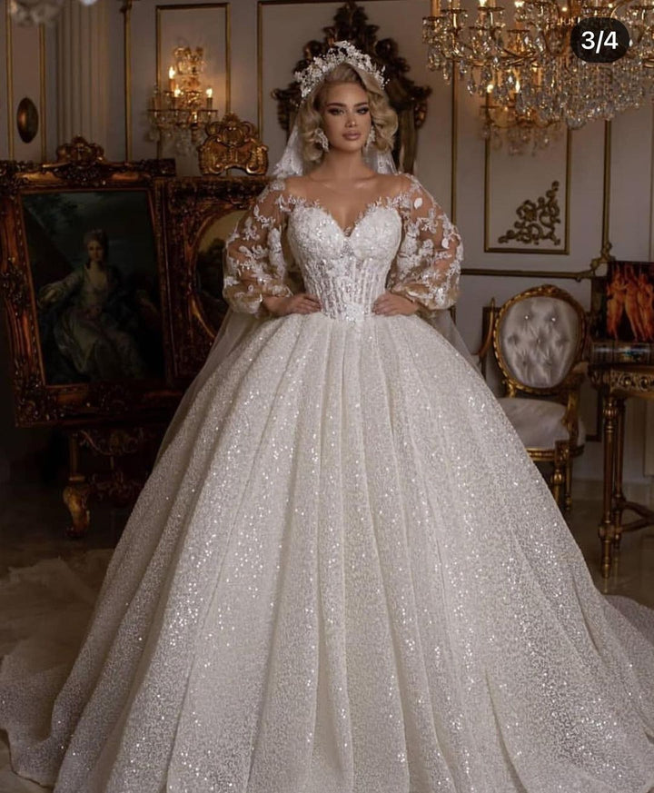Bmbride Luxury Long Ball Gown Glitter Wedding Dress with Puffy Sleeves