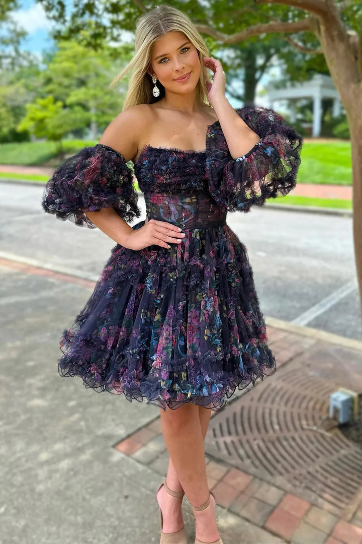 Koscy Blue Puff Sleeves Ruffles A-line Prints Homecoming Dress