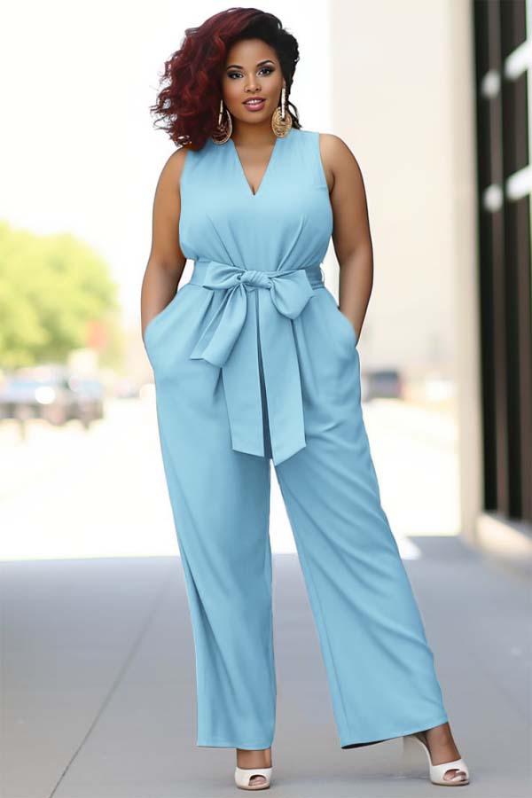 Koscy Pool Blue V-Neck Sleeveless Jump Suit With Bow Belt