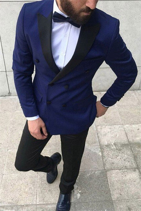 Koscy Fashion Double Breasted Peaked Lapel Prom Suits, Navy Blue for Guys