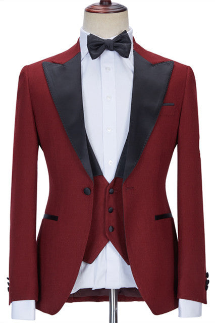 Koscy Red Three-Piece Business Evening Suit with Peaked Lapel for Men