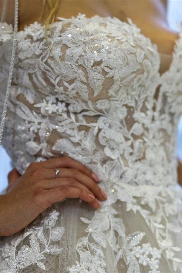 Bmbride Modern Long A-line Off the Shoulder Tulle Lace Wedding Dress with Slit