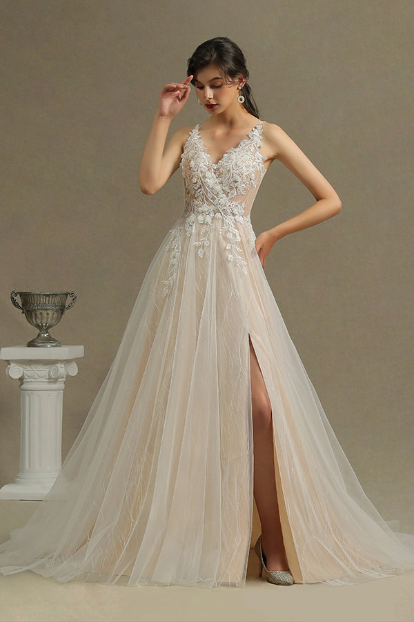 Bmbride Straps Floral Appliques A-line Side Split Backless Wedding Dress CPH235