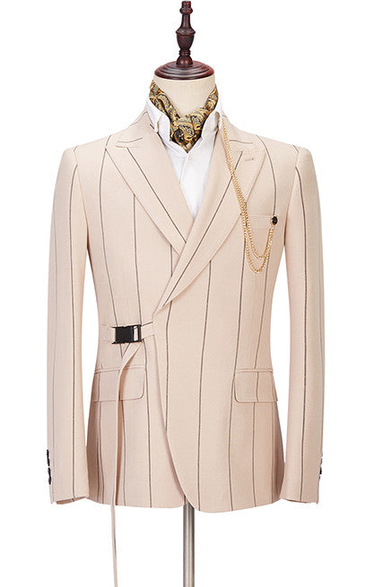 Koscy Modern Light Champagne Striped Prom Suit with Peaked Lapel