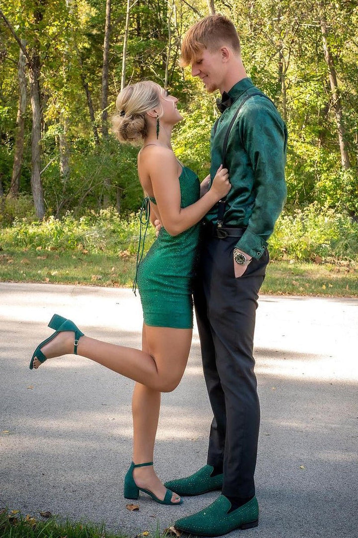 Koscy Dark Green Spaghetti Straps Short Homecoming Dresses with Beading