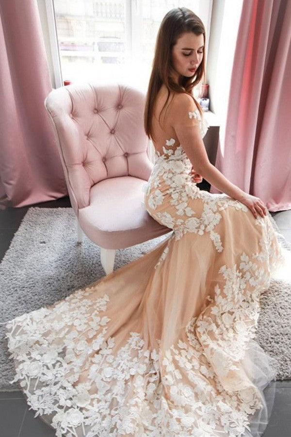 Bmbride Vintage Off-the-Shoulder Appliques Lace Backless Floor-length Mermaid Wedding Dress