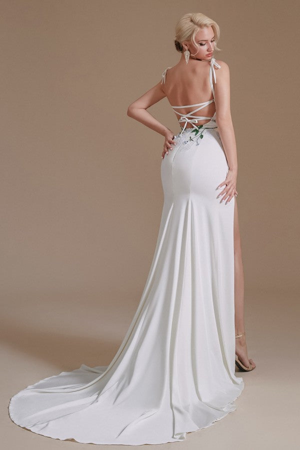 Bmbride Mermaid Satin Spaghetti Straps Open Back Wedding Dress with Slit