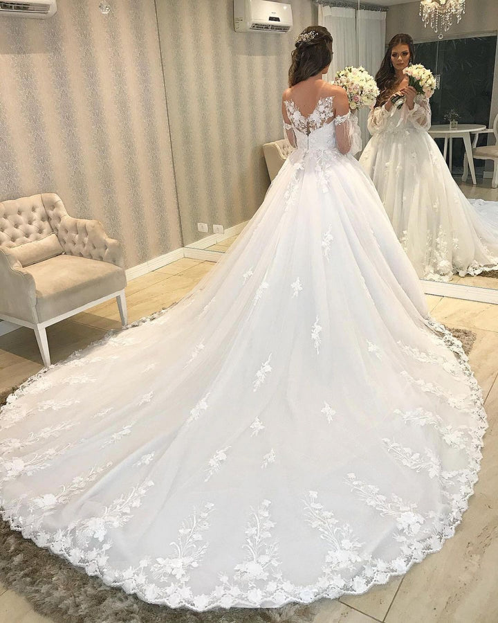 Bmbride Long Elegant Princess Off-the-Shoulder Tulle Wedding Dress with Bubble Sleeves