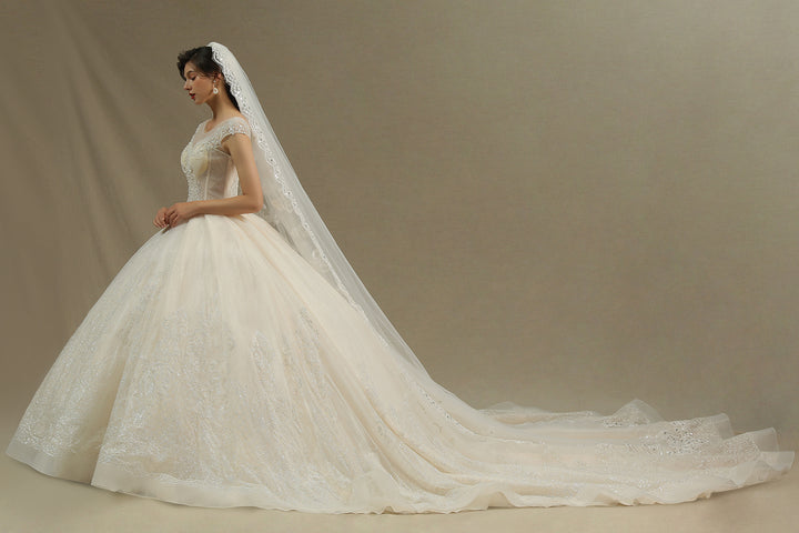 Bmbride Cap Sleeve Aline Cathedral Tulle Lace Appliques Garden Luxury Bridal Gowns