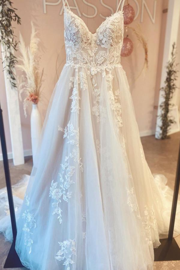 Bmbride Elegant Long A-line V-neck Spaghetti Straps Tulle Backless Wedding Dress