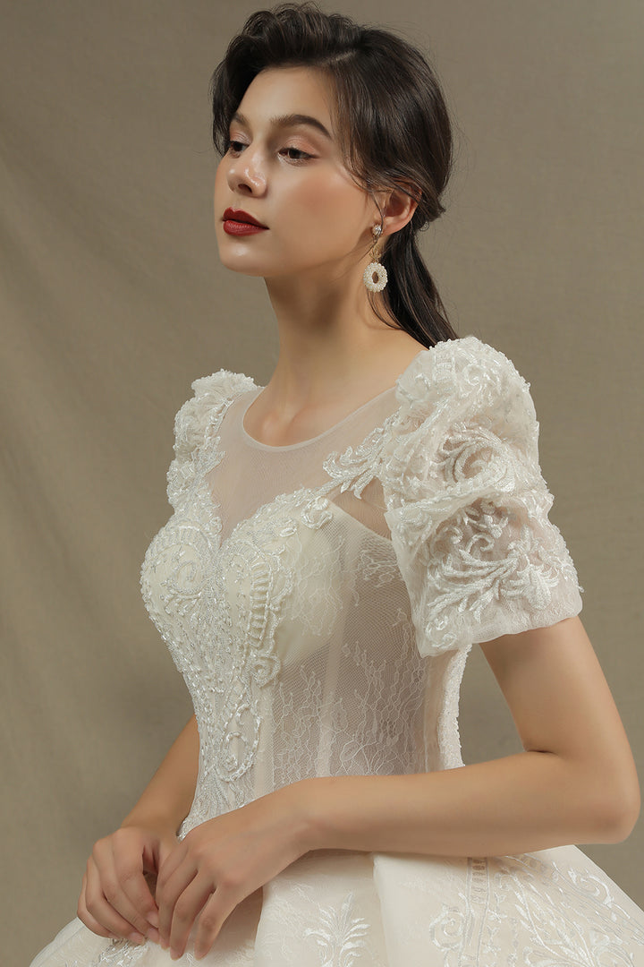 Bmbride Short Sleeve Garden Bridal Gown Sweetheart Luxury Wedding Dresses with Sweep Train