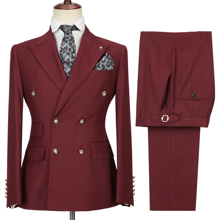 Koscy Glamorous Burgundy Groomsmen Outfit with Peak Lapel and Double-Breasted Design