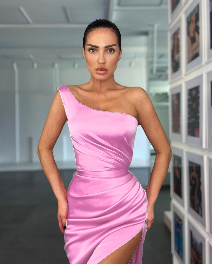 One Shoulder Sleeveless Rose Evening Dress With Slit