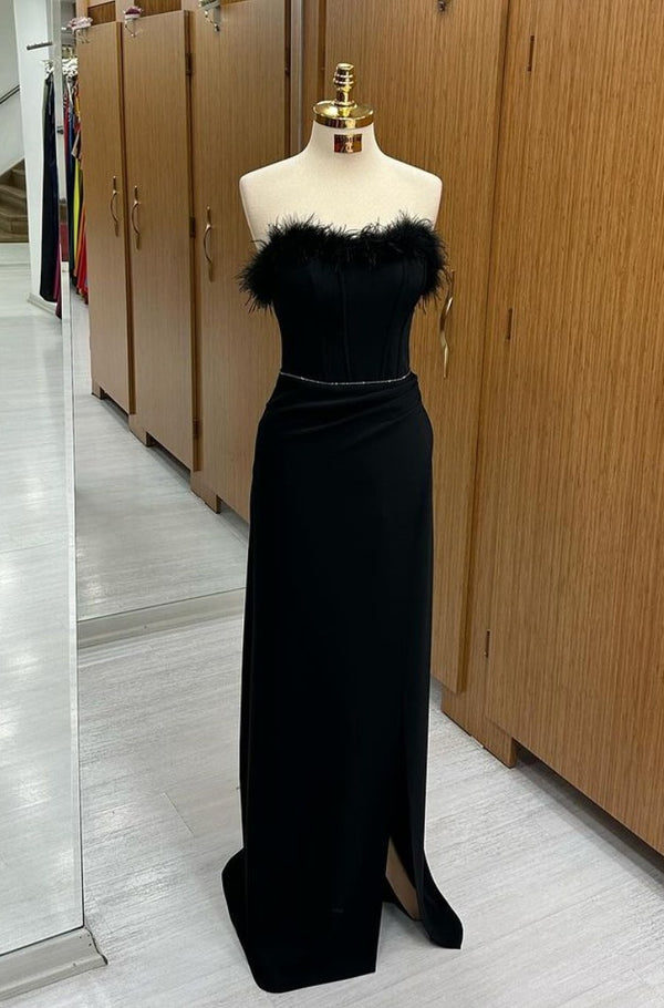 Long Black Feather Sequins Sleeveless Strapless Mermaid Prom Dress