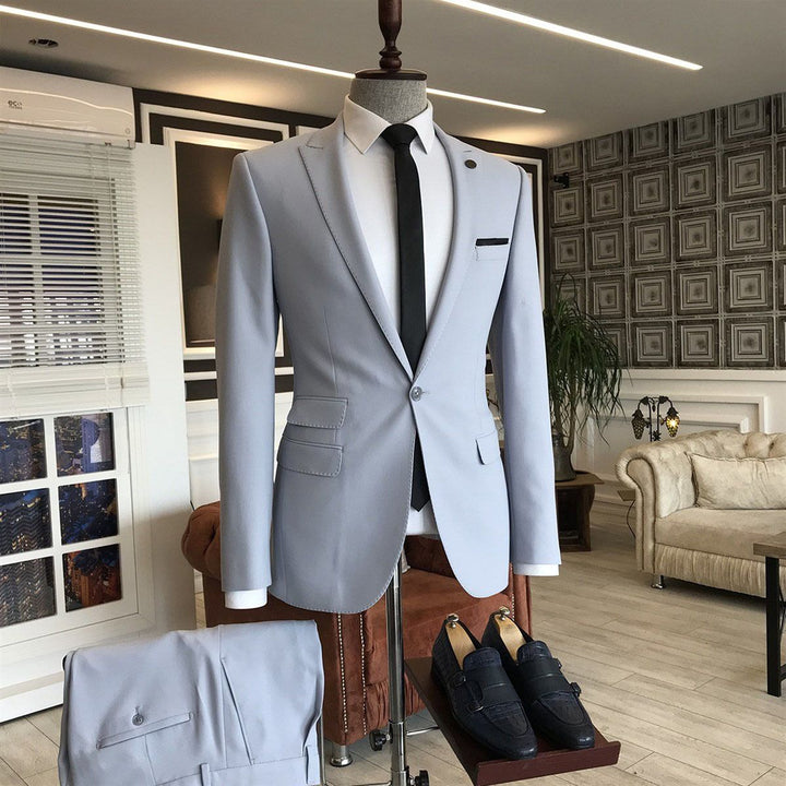 Koscy Simple One-Button Silver Western Wedding Suit with Peaked Lapel
