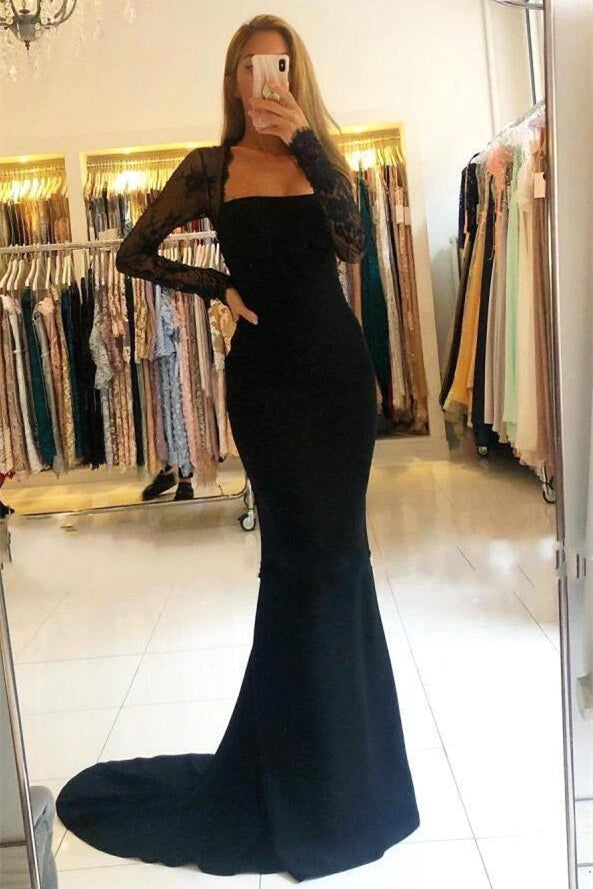 Long Sleeves Black Lace Mermaid Prom Dress