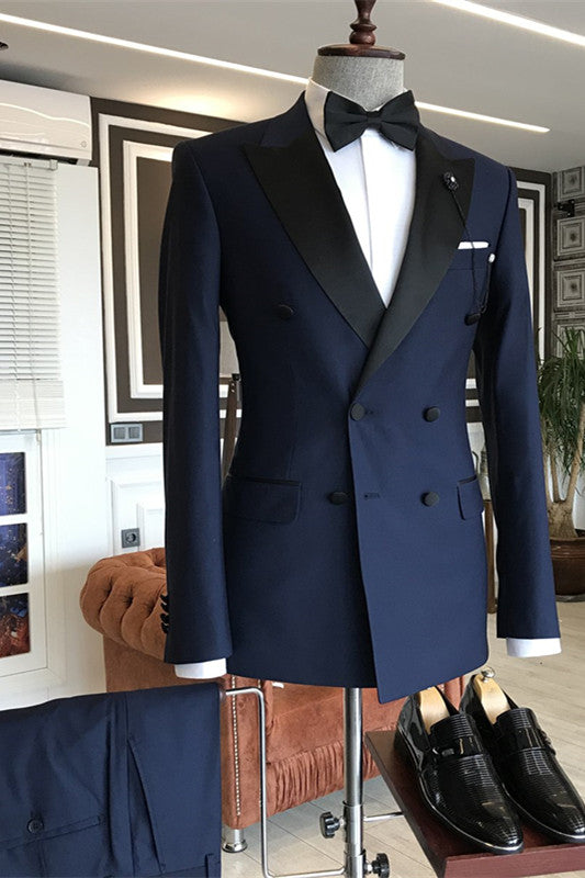 Koscy Gentle Dark Navy Double-Breasted Evening Suit with Peaked Lapel for Men