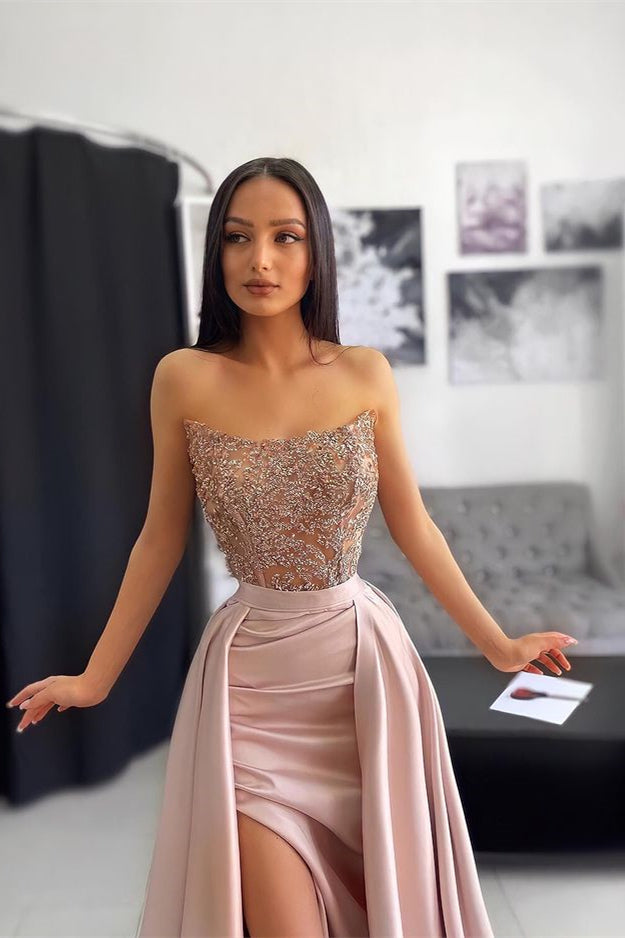 Pink evening dress with off-the-shoulder sleeves applique and pleats