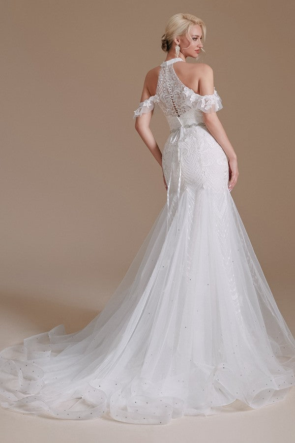 Bmbride Long Elegant Mermaid Halter Tulle Wedding Dress with Floor-Length and Appliques Lace