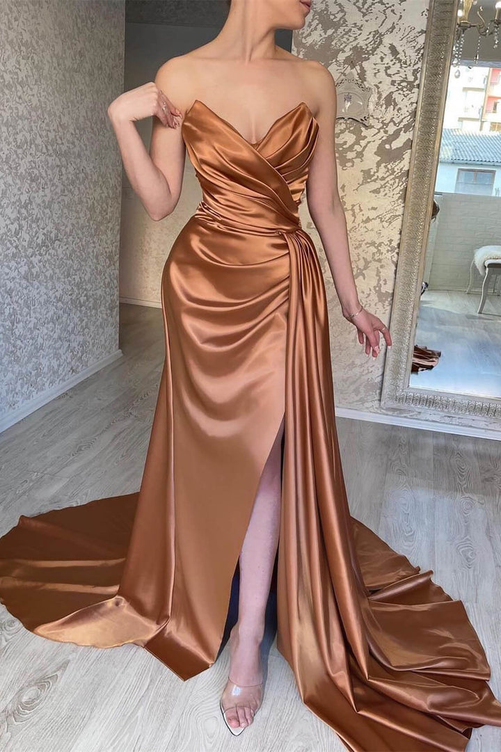 Brown Sleeveless Mermaid Prom Dress With Sweetheart Neckline and Ruffle Split