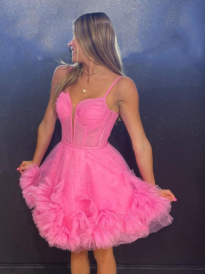Koscy A-Line V Neck Short Tulle Homecoming Dress