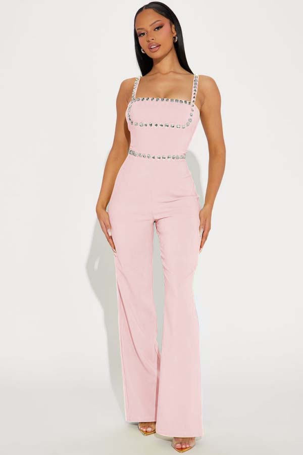 Koscy Fashion Green Square Neck Spaghetti-Straps Slim Fit Jump Suit