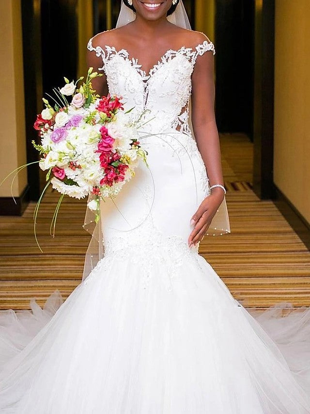 Bmbride Elegant Mermaid Trumpet Wedding Dresses with V Neck Chapel Train Lace Tulle Overlay Satin Regular Straps and Sexy Backless