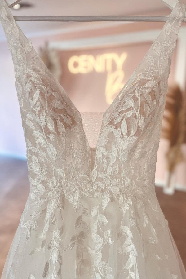 Bmbride Long Boho A-line V-neck Tulle Lace Backless Wedding Dresses