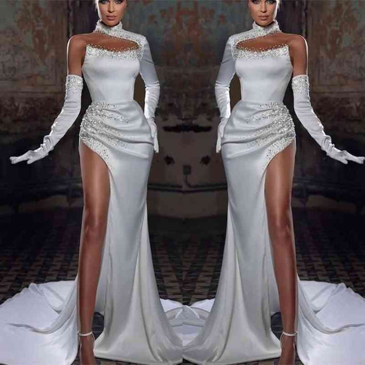 White Halter Mermaid Prom Dress with Beadings Pleated High Slit