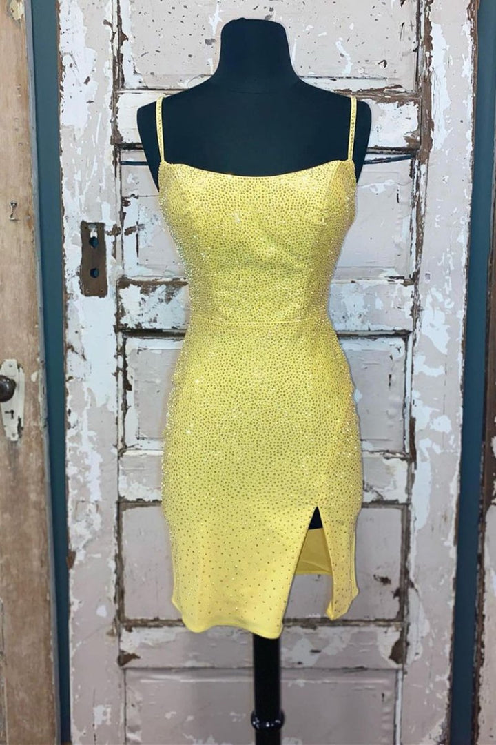 Koscy Short Tight Yellow Homecoming Dress with Lace Up