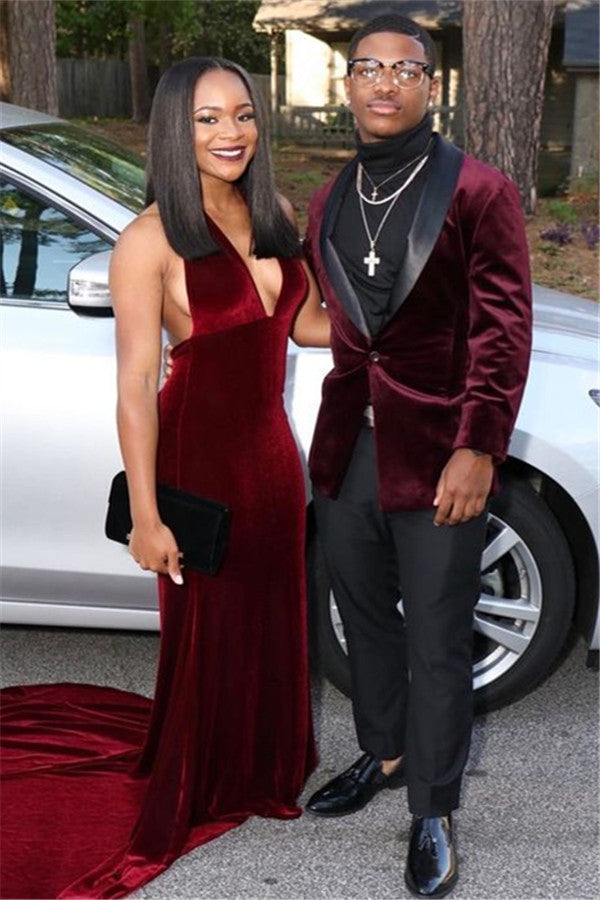 Koscy Handsome Burgundy Velvet Shawl Lapel Slim Fit Evening Suit for Party