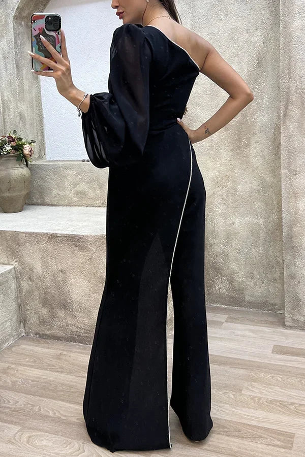 Koscy Glamorous Long Sleeves One-Shoulder Black Satin Jump Suit