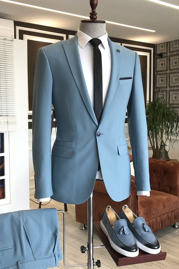Koscy Sky Blue Affordable Peaked Lapel Wedding Suit with Three Flaps