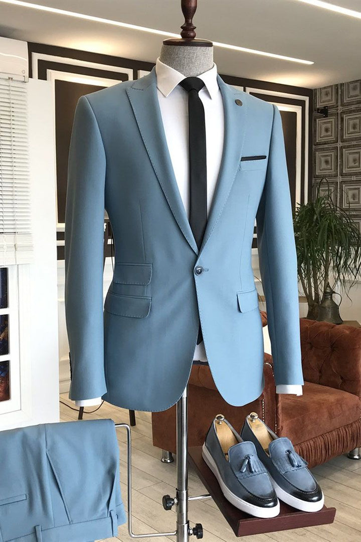 Koscy Sky Blue Affordable Peaked Lapel Wedding Suit with Three Flaps