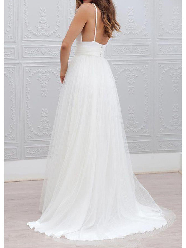Bmbride Spaghetti Strap A-Line Wedding Dress Plunging Neck Floor Length Taffeta Tulle Chiffon Over Satin