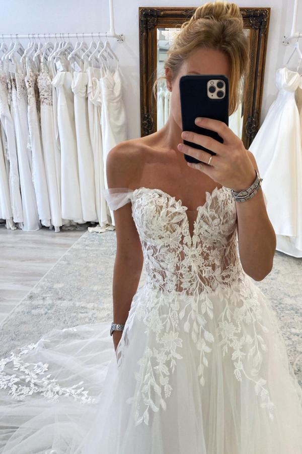 Bmbride White A-line Off the Shoulder Tulle Lace Wedding Dress