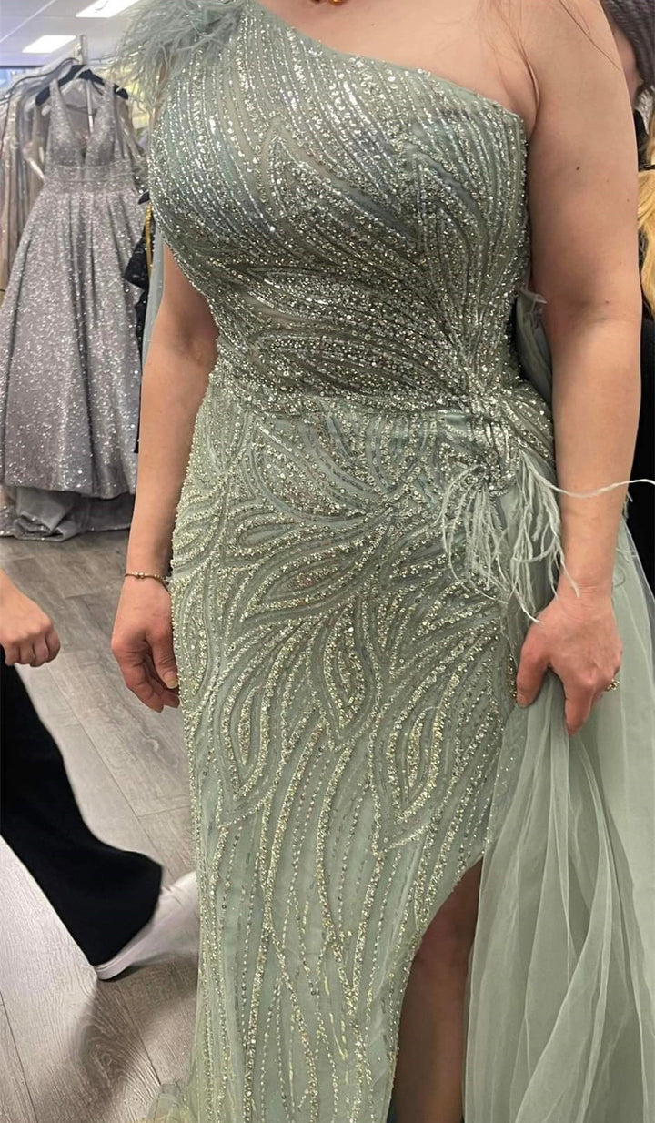 One Shoulder Mermaid Evening Dress with Beadings Slit in Dusty Sage
