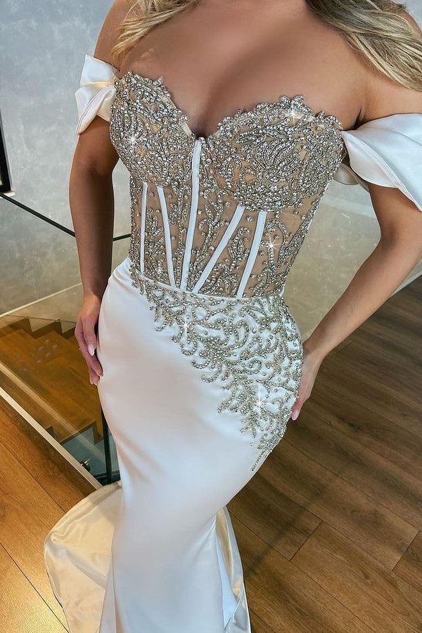 Off-The-Shoulder Appliques Long Mermaid Prom Dress in Stunning White