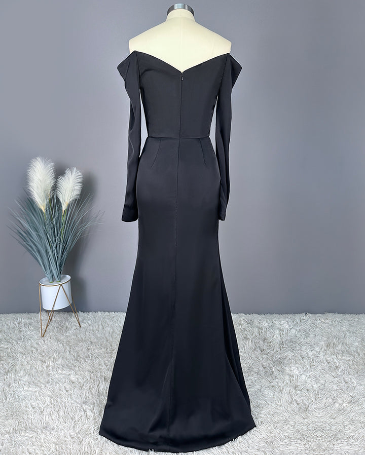 Okdais Elegant Prom Dress Long Black V Neck Off-shoulder High Slit