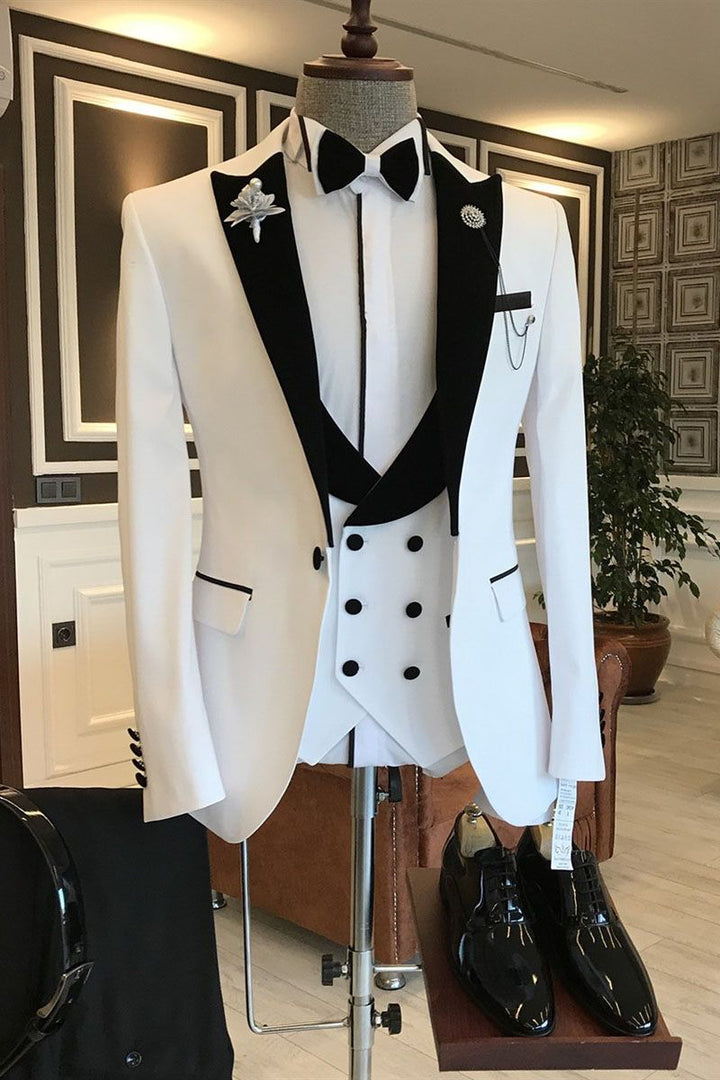 Koscy Elegant White and Black One-Button Prom Suit with Peaked Lapel