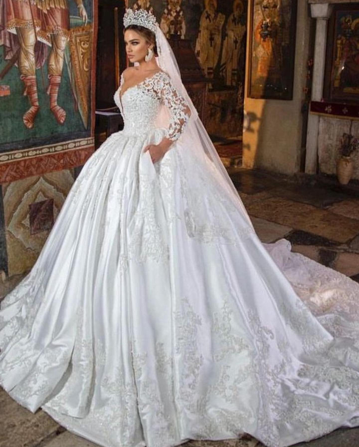 Bmbride Ball Gown V-neck Wedding Dress with Pockets and Long Sleeves in Gorgeous 3D Floral Lace