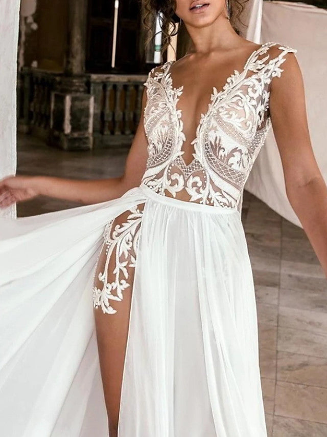 Bmbride A-Line Wedding Dresses with Plunging Neckline and Sweep Train in Chiffon Lace with Cap Sleeves