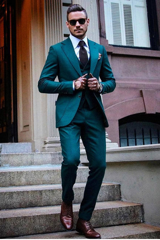 Koscy Simple Green Reception Wedding Suit with Notched Lapel for Groom