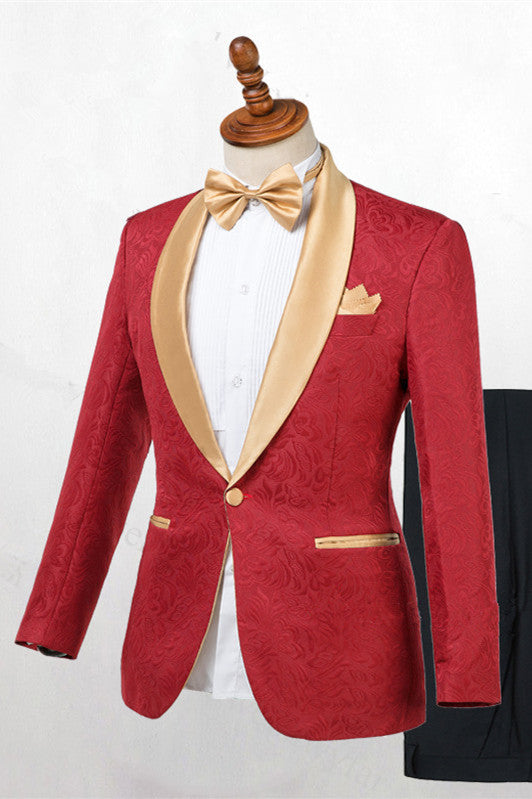 Koscy Gentle Red Jacquard Shawl Lapel One-Button Wedding Suit