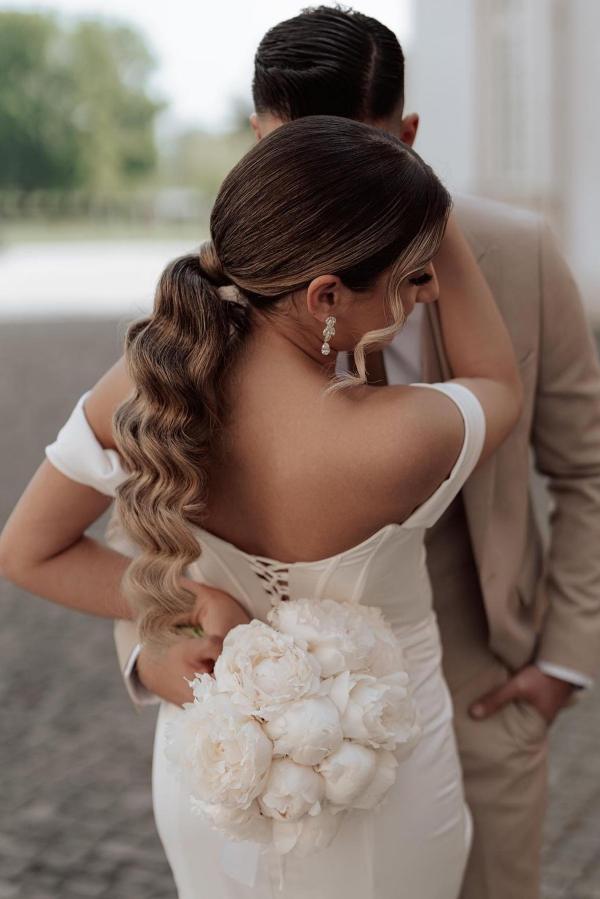Bmbride Elegant Mermaid Off-the-Shoulder Satin Wedding Dress with Slit