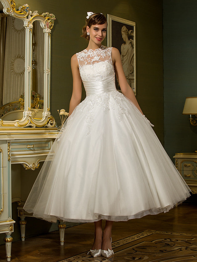Bmbride A-Line Wedding Dresses High Neck Ankle Length Lace Over Tulle Regular Straps Vintage Little White Dress Illusion