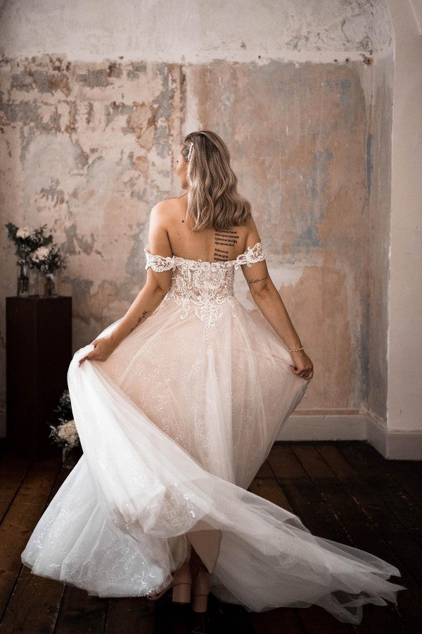Bmbride Gorgeous Long A-line Off the Shoulder Tulle Lace Bridal Gown