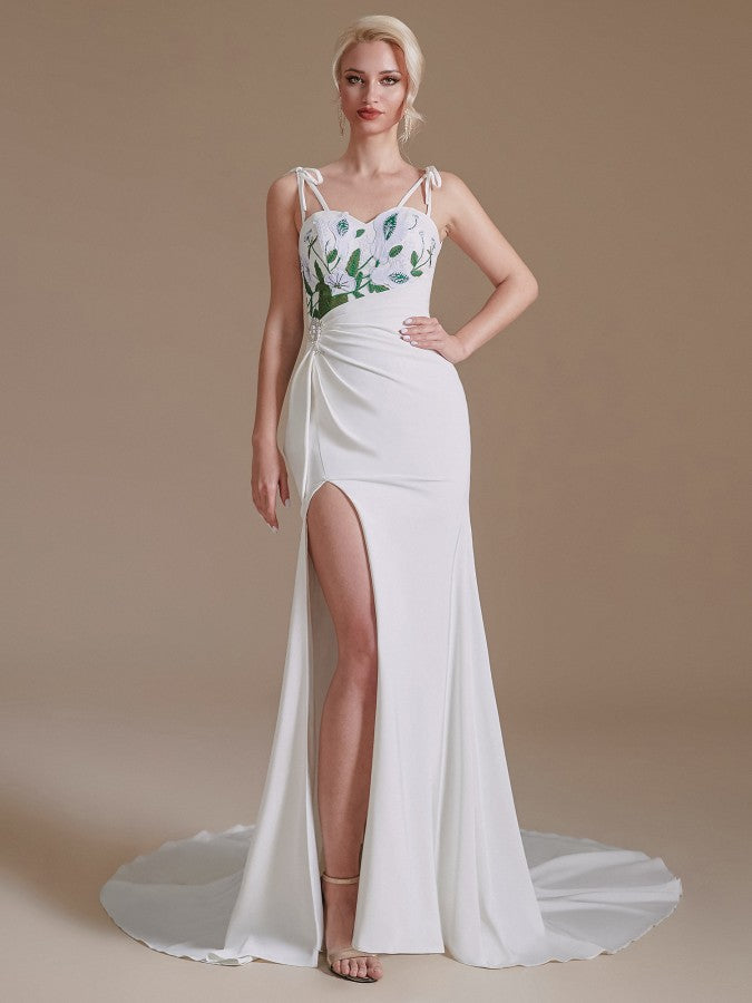 Bmbride Mermaid Satin Spaghetti Straps Open Back Wedding Dress with Slit