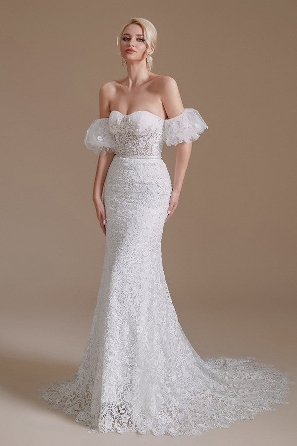 Bmbride Gorgeous Long Mermaid Sweetheart Lace Wedding Dresses with Removable Sleeves