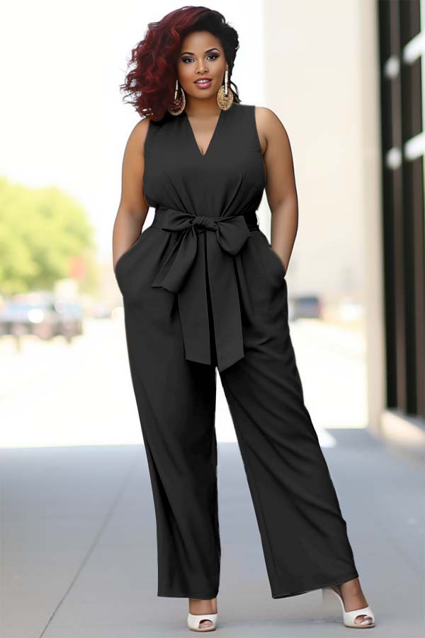 Koscy Pool Blue V-Neck Sleeveless Jump Suit With Bow Belt